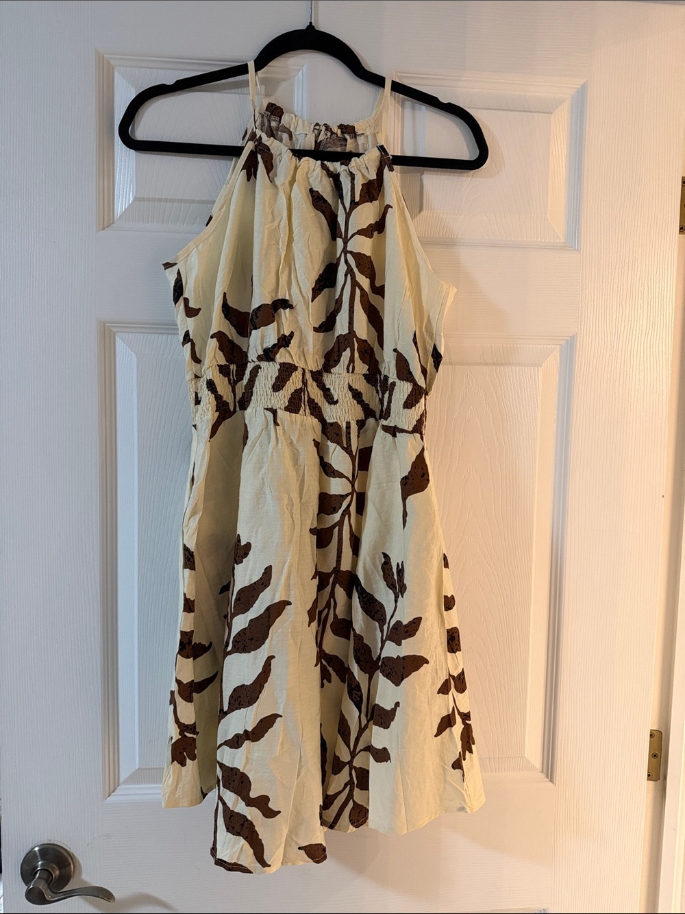 Amazon Cream Halter Mini Dress with Brown Leaf Print